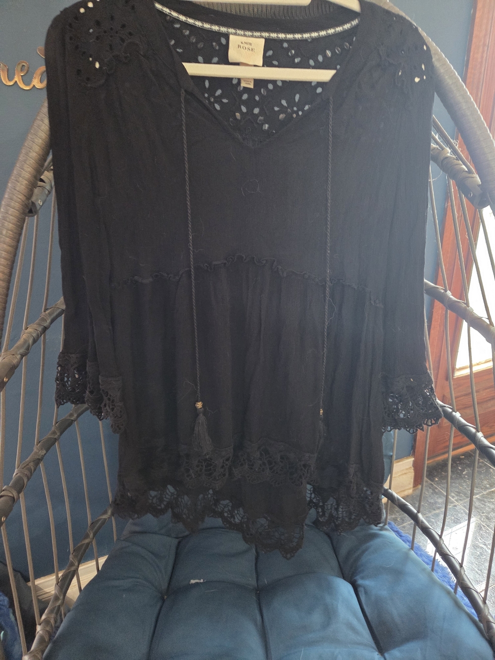 Knox Rose Black Crochet-Trim Boho Tunic
